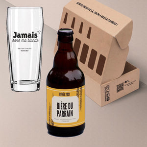 Coffret bière et 1 verre d'annonce parrain marraine