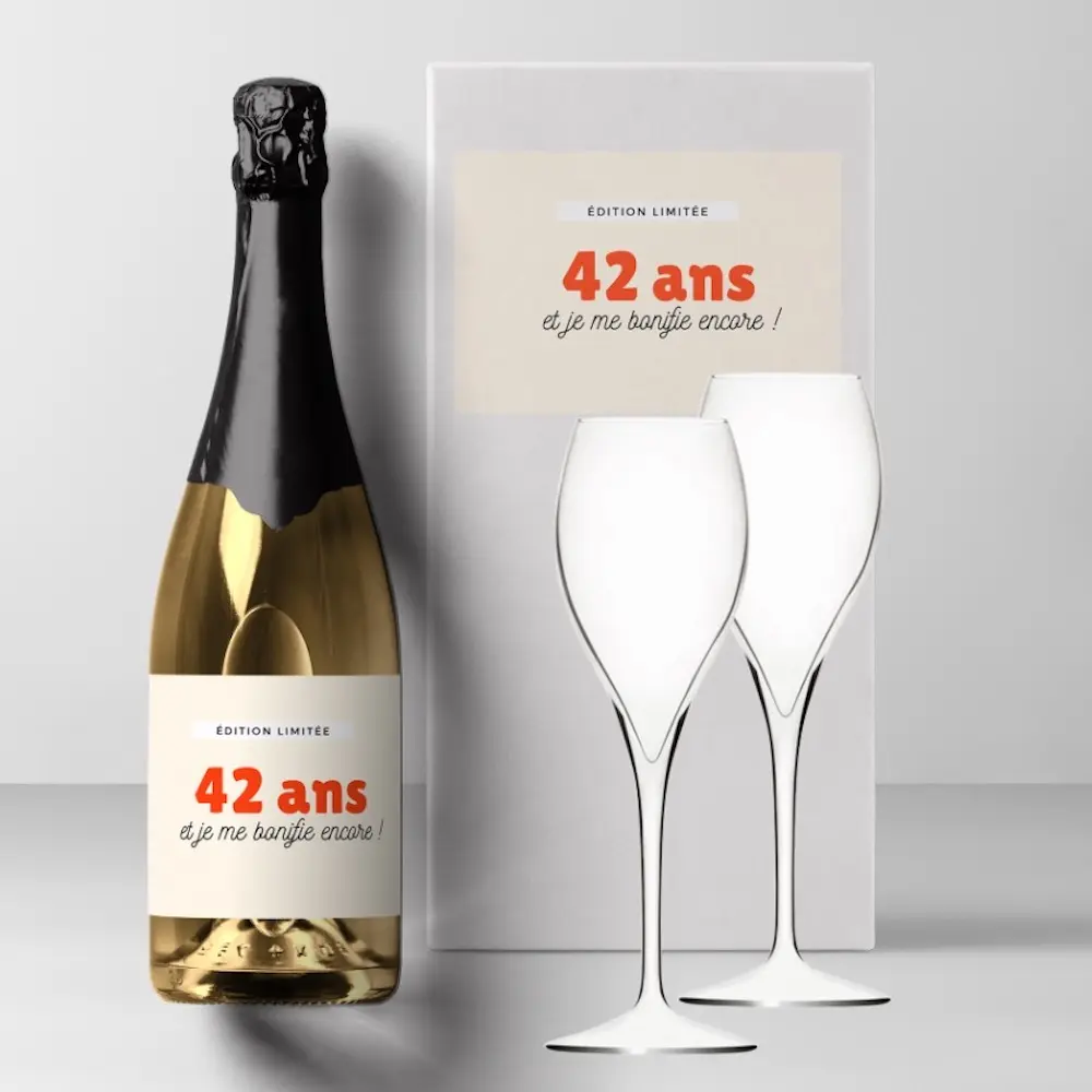 champagne personnalisé anniversaire coffret cadeau avec 2 flutes